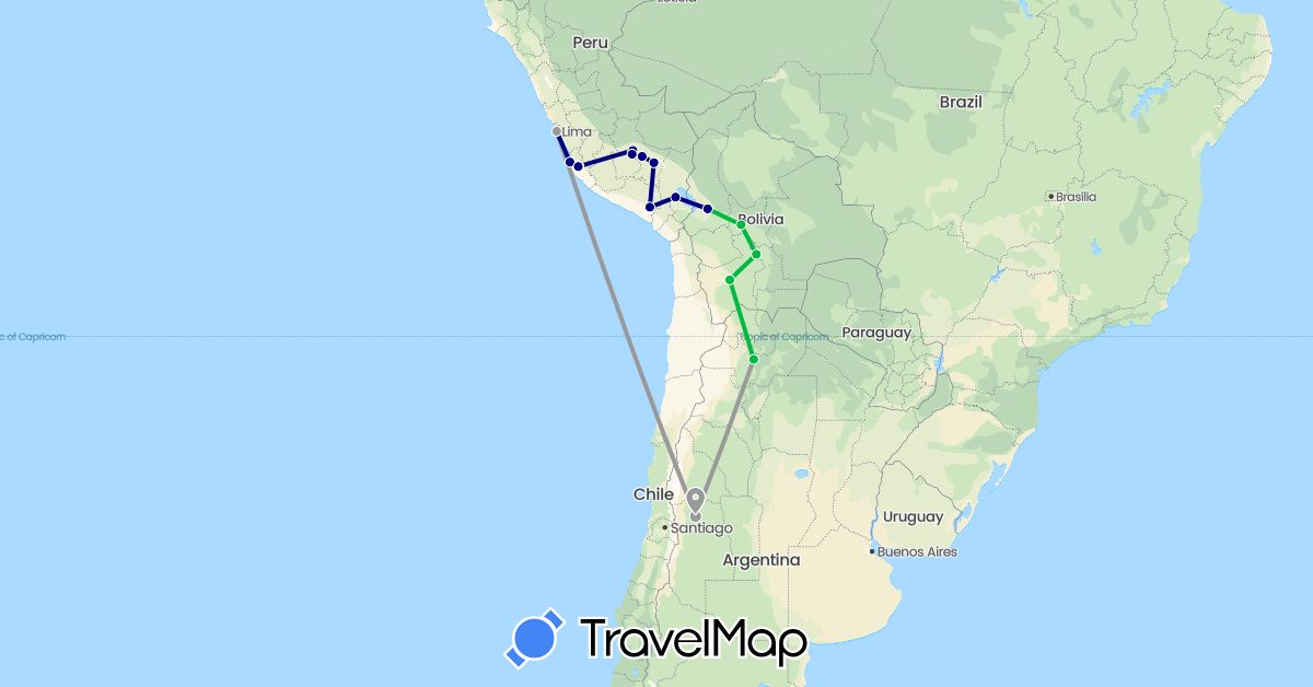 TravelMap itinerary: driving, bus, plane in Argentina, Bolivia, Peru (South America)